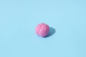 picture of a pink brain on a blue background to demonstrate neuroplasticity

