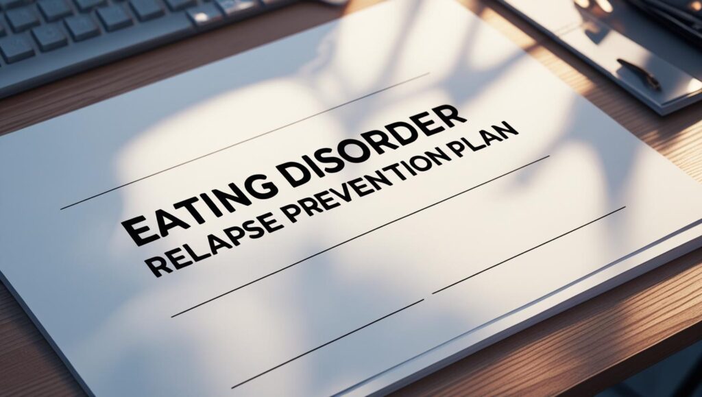 A printed eating disorder relapse prevention plan sitting on a desk, symbolizing a structured recovery strategy